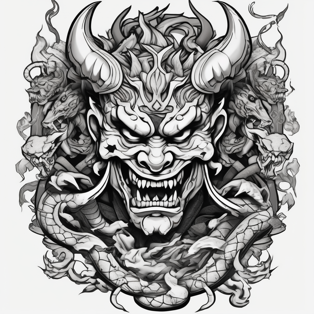 Back Tattoo with An Oni With a broken mask and a Sword, Dragons & snakes hello kitty tattoo, diseño de tatuaje Cartoon generado con IA